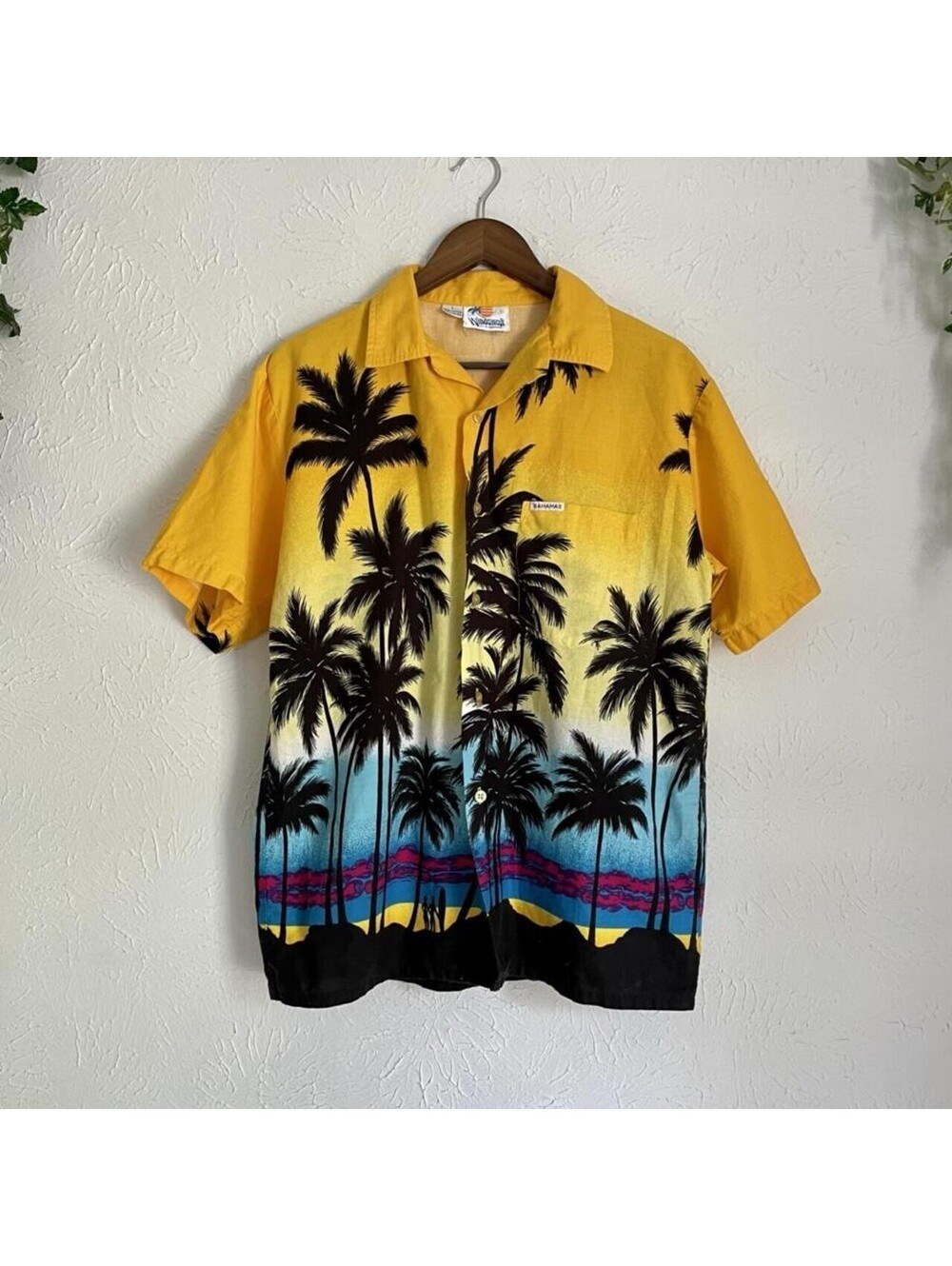 VTG 80s Mens Large Windswept Bahamas Short Sleeve Shirt Hawaiian Palm Yellow L